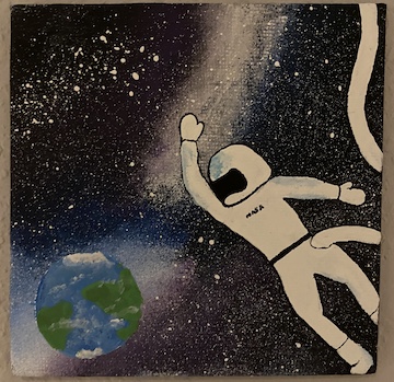 A painthing with Earth in the lower left corner and an astronaut looking at it from the right side of the canvas